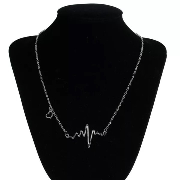 Silver Halsband med EKG-Kurva / Heartbeat / Hjärtslag & Hjärta Silver