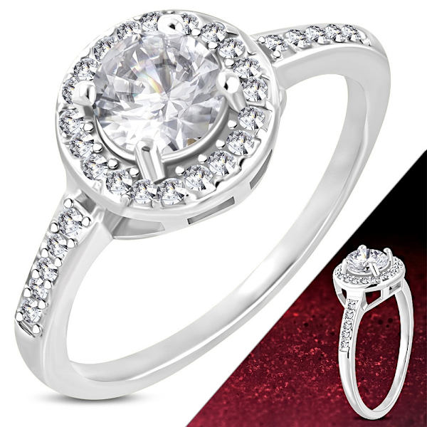 Glittrande Ring i Kirurgiskt Stål 316L i Silver Färg med en massa Vita Cubic Zircon Kristaller - Stl 15,7 Silver