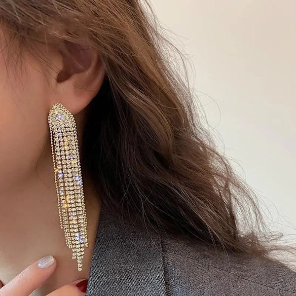 Strass Guld Örhängen med Kedjor - Glittrande Vita Rhinestones Guld