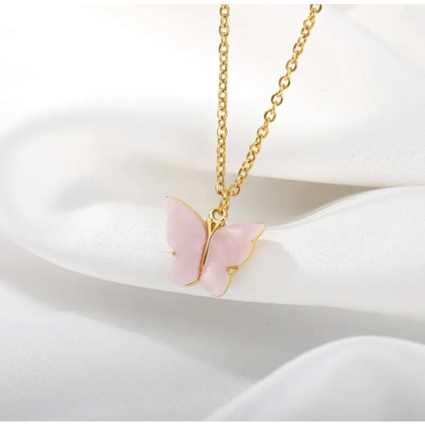 Guld Halsband Dekorerat med en Fin Fjäril med Ljus Rosa Pärlemor Guld