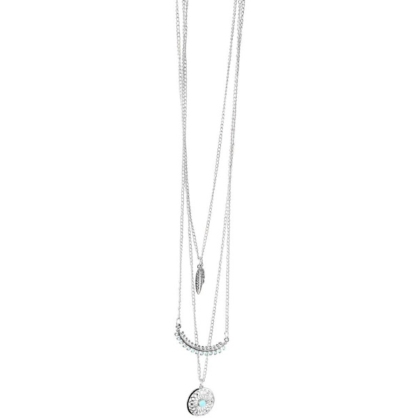 Silver Halsband med 3 Kedjor Fjädrar, Rhinestones & Turkos Pärla Silver