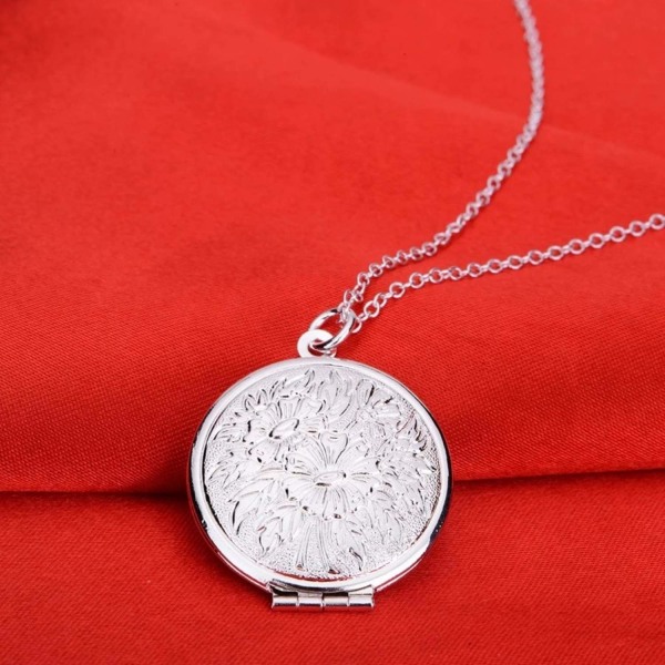 Silver Halsband - Öppningsbar Rund Medaljong & Blommigt Mönster Silver