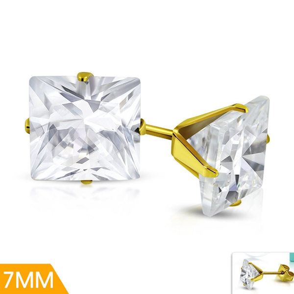 Stiftörhängen Stud Örhängen i Kirurgiskt Stål 316L i Guld Färg med Fyrkantig Vit/Klar Cubic Zircon Kristall - 7 mm Guld