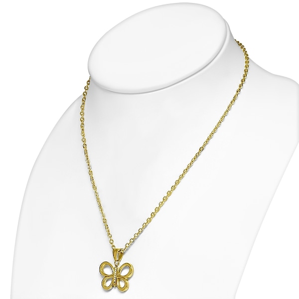Smyckesset i Rostfritt Stål 316L i Guld Färg - Halsband & Örhängen - Fjäril med Cubic Zircon Kristall
