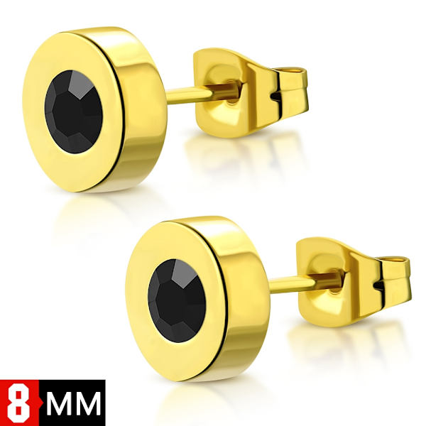 Runda Stiftörhängen Stud Örhängen i Kirurgiskt Stål 316L i Guld Färg med Svart Cubic Zircon Kristall - 8 mm