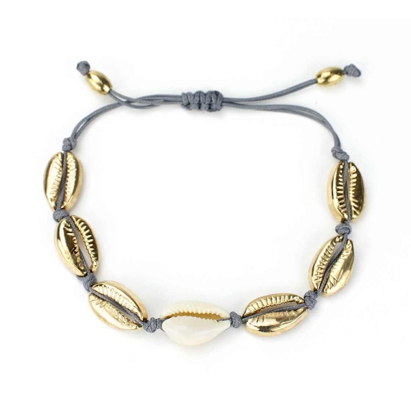 Fotsmycke Fotlänk Vristlänk Fotkedja samt Armband - Snäckor i Guld & Vitt med Grå Tråd Guld