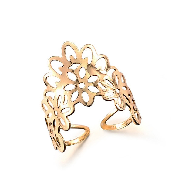 Bred Ring med Blomma / hålmönster Guld färg - Justerbar