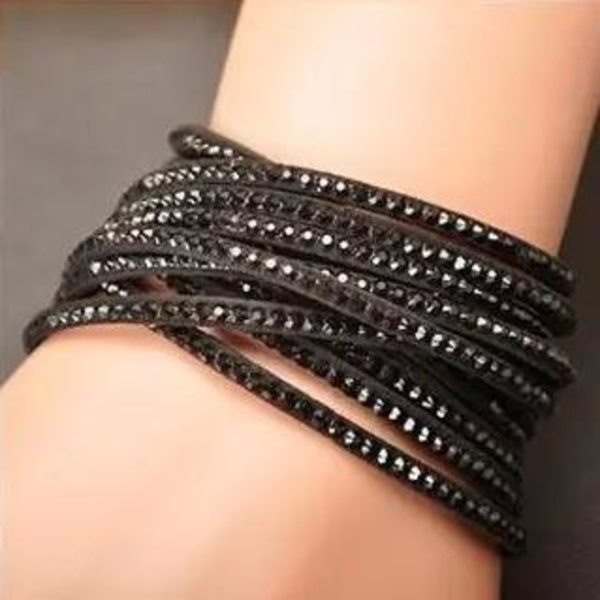 Wrap Läderarmband/Läder Armband med Strass / Rhinestones - Svart Svart