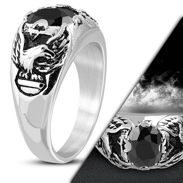 Cool Ring i Kirurgiskt Stål 316L i Silver färg med Svart Cubic Zircon Kristall & Örn  / Fågel - Stl 19,76 Silver