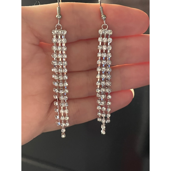 Glittrande Långa Silver Örhängen med Kedjor & Strass/Rhinestones Silver