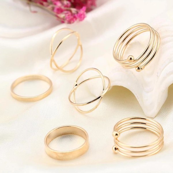 6-pack Boho Guld Ringar - Släta, Blanka & Spiraler Guld