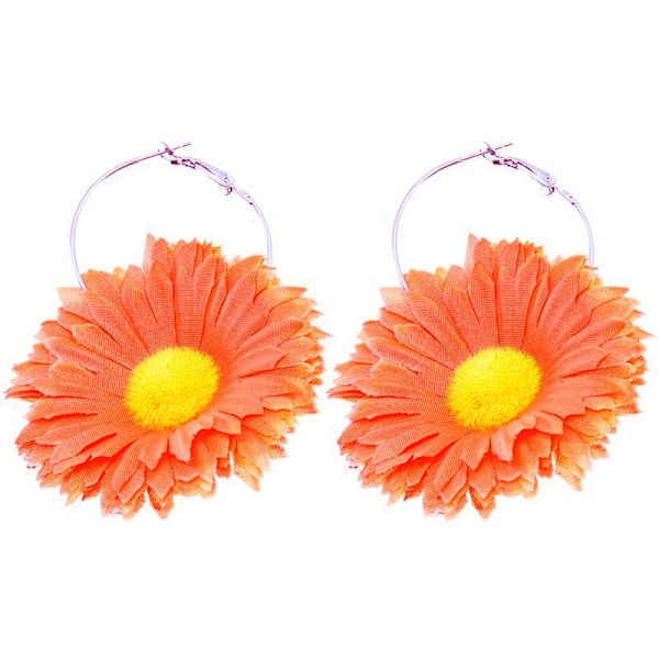 Retro Silver Örhängen / Hoop - Orange & Gul Blomma / Prästkrage Orange