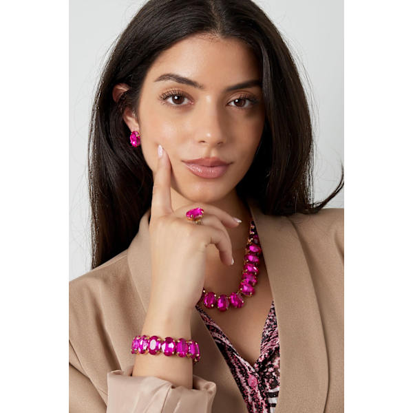 Statement Guldpläterat Armband med Ovala Glaspärlor - Fuchsia Guld