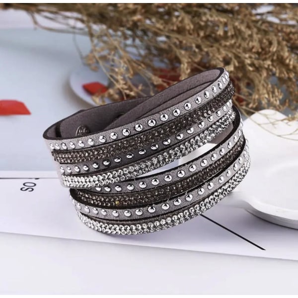 Wrap Läderarmband/Läder Armband med Strass / Rhinestones - Grå grå