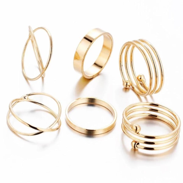 6-pack Boho Guld Ringar - Släta, Blanka & Spiraler Guld