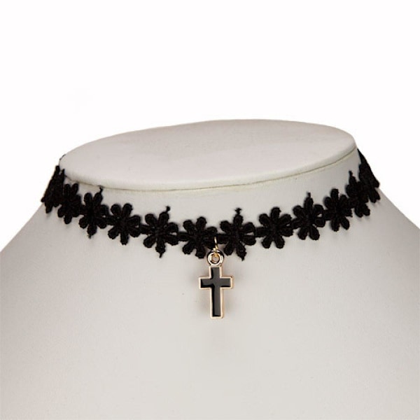 Retro Gothic Svart Choker / Halsband - en rad Blommor & Kors Svart