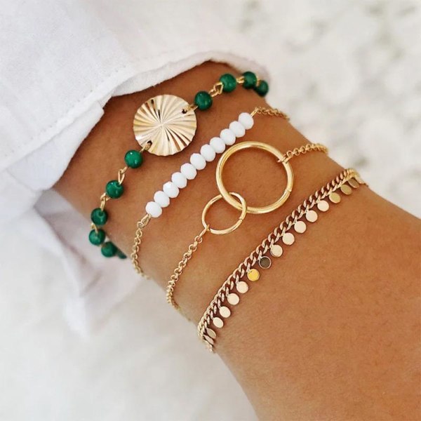 4 st Guld Chic Armband med Gröna & Vita Pärlor, Ringar & Plattor Guld