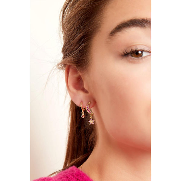 Guld Örhängen Dekorerade med Måne & Stjärna samt Glittrande Fuchsia / Cerise Zircon Stenar - Guldpläterade Guld