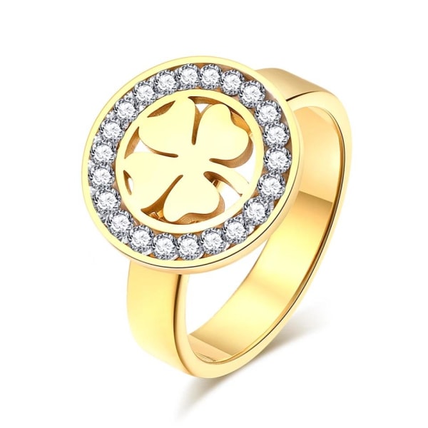 Guld Ring - Blank Fyrklöver med Vita Rhinestones - Stl 17 Guld