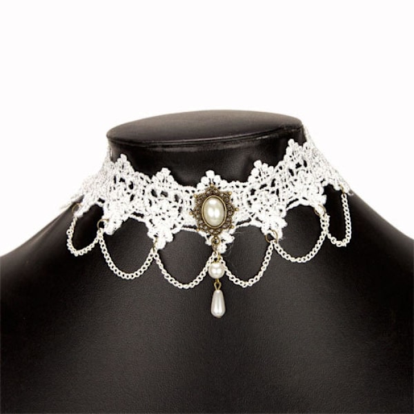 Brett Retro Boho Gothic Choker / Halsband - Vit Spets & Pärlor Vit