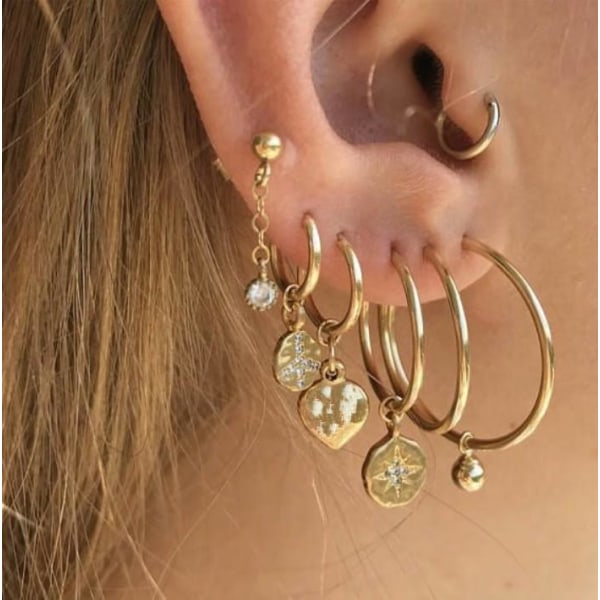 7 st Guld Örhängen - Ear Cuff & Hoop med Hängen & Rhinestones Guld