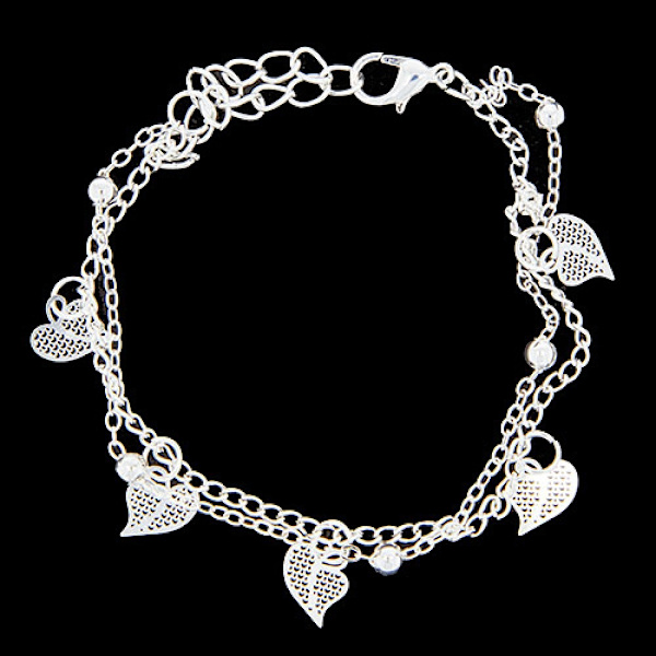 Sött Silver Armband - Dubbla Kedjor med Hjärtan & Silverkulor Silver
