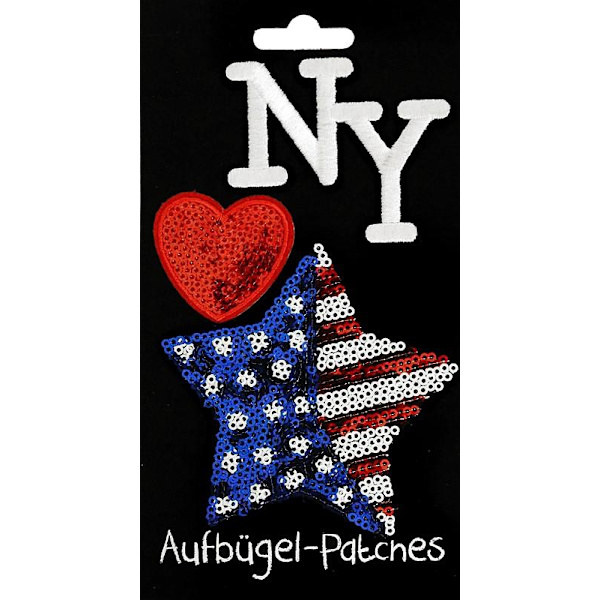 3 st Strykplåster/Tygmärke/Patches: New York, USA Star & Hjärta multifärg