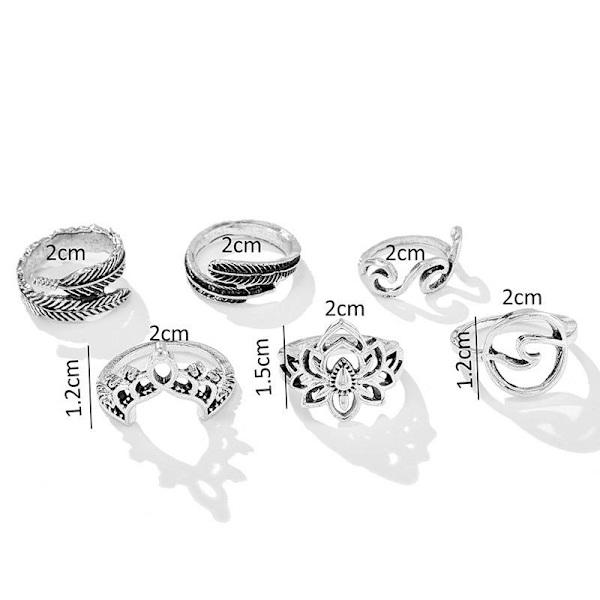 6 Pack med Midi ringar för hela handen - Tibet silver