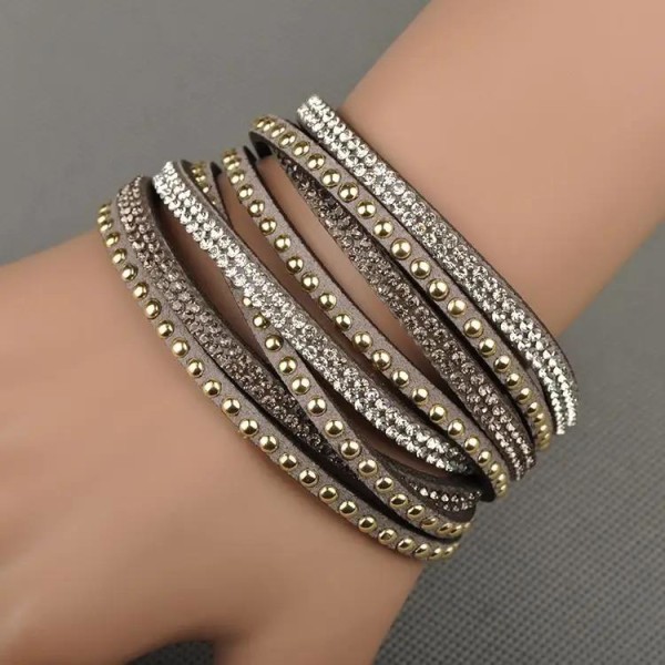 Wrap Läderarmband/Läder Armband med Strass / Rhinestones - Grå grå