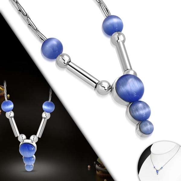 Halsband i Silver Färg med Cirklar/stavar & Blå kattögonstenar