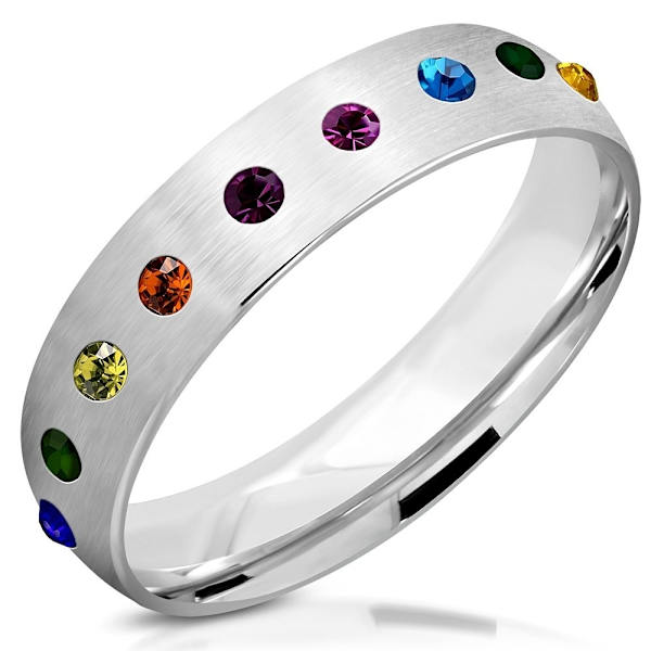 Polerad Ring Kirurgiskt Stål 316L i Silver färg med Regnbågsfärgade Cubic Zircon / Pride - Stl 18,14 Silver