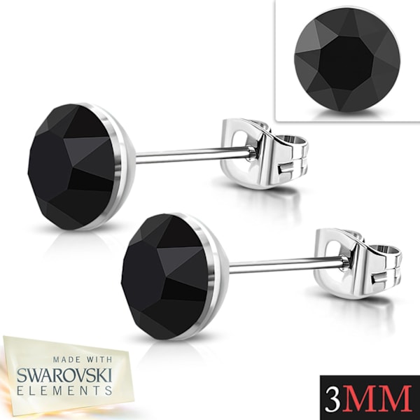Stiftörhängen Stud Örhängen i Kirurgiskt Stål 316L i Silver Färg med Rund Svart Swarovski® Kristall – 3 mm
