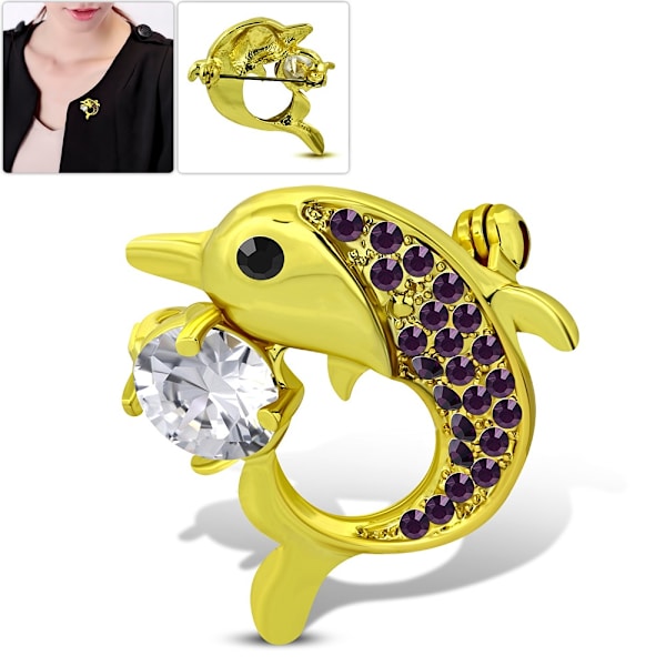 Brosch Delfin med Lila & Vit Cubic Zircon i Guld Färg