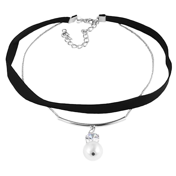Dubbelt Retro Svart & Silver Choker/Halsband -Rhinestone & Pärla Svart