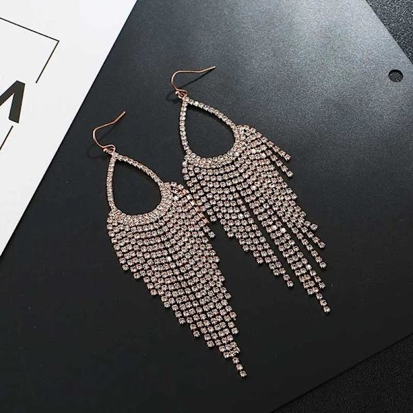 Strass Guld Örhängen - Droppe & Kedjor med Vita Rhinestones Guld