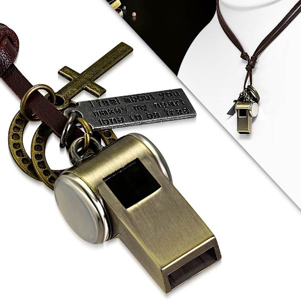 Halsband med Visselpipa, kors, tags, ringar & läderrem