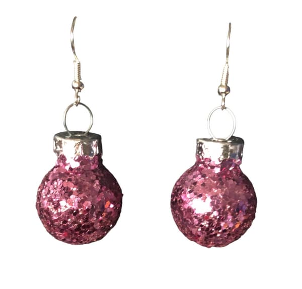 Silver Örhängen till Jul / Christmas - Rosa Glittriga Julkulor Rosa