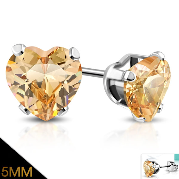 Stiftörhängen Stud Örhängen i Kirurgiskt Stål 316L i Silver Färg - Hjärta / Hjärtformad Topaz Färgad Cubic Zircon - 5 mm Silver
