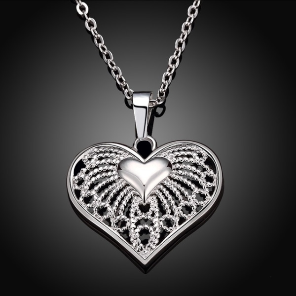 Silver Halsband - Mönstrat Hjärta med Hjärta inuti Silver