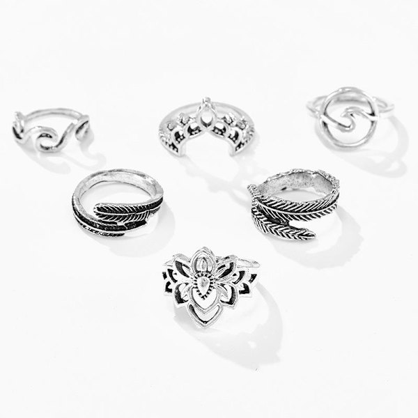 6 Pack med Midi ringar för hela handen - Tibet silver
