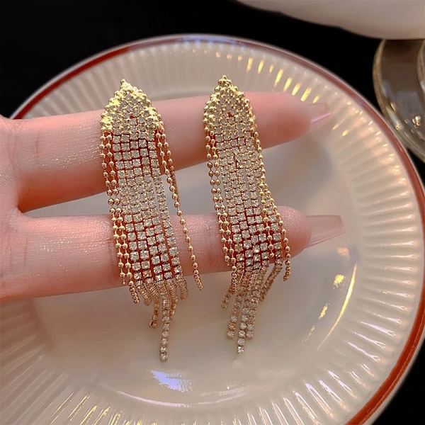 Strass Guld Örhängen med Kedjor - Glittrande Vita Rhinestones Guld