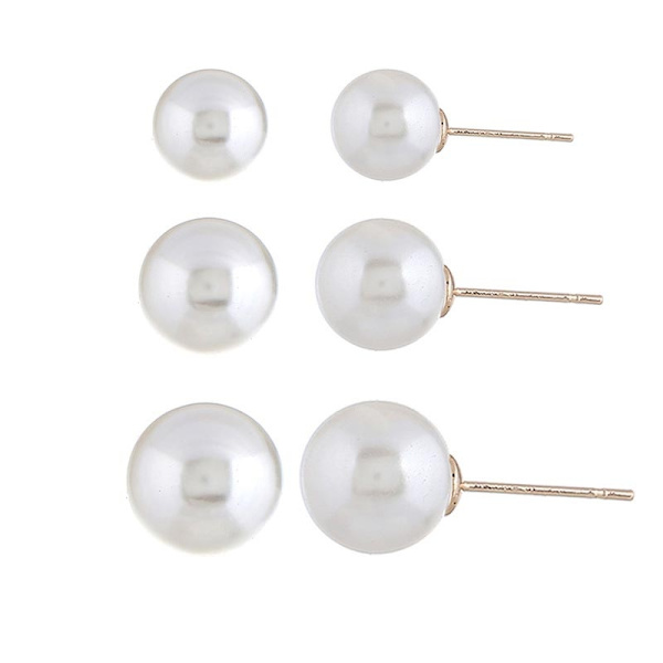 3 Par Stud Örhängen med Vit Pärla / Vita Pärlor  3, 5 & 7 mm