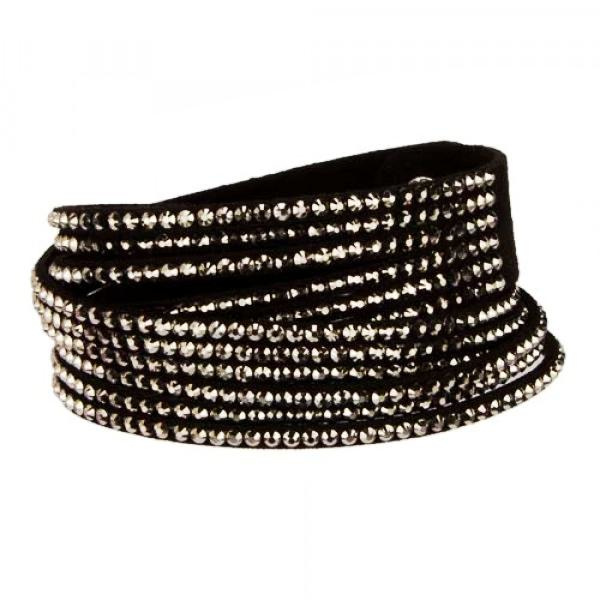 Wrap Läderarmband/Läder Armband med Strass / Rhinestones - Svart Svart