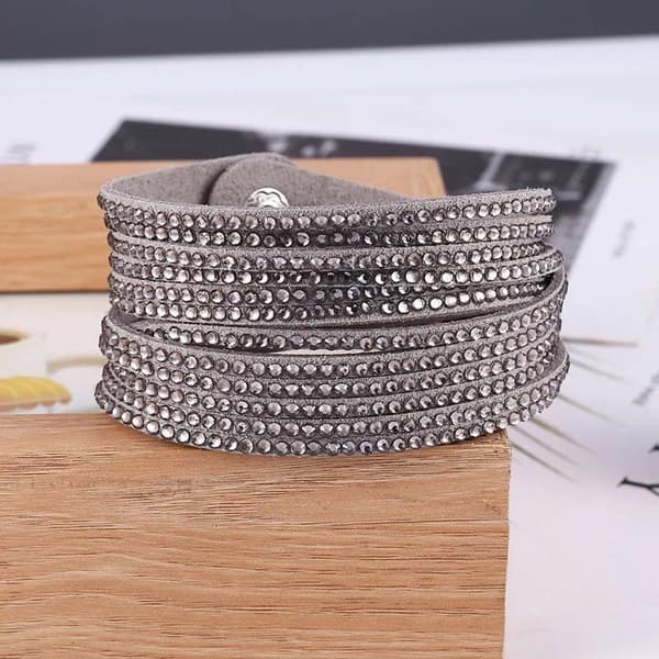 Wrap Läderarmband/Läder Armband med Strass / Rhinestones - Grå grå