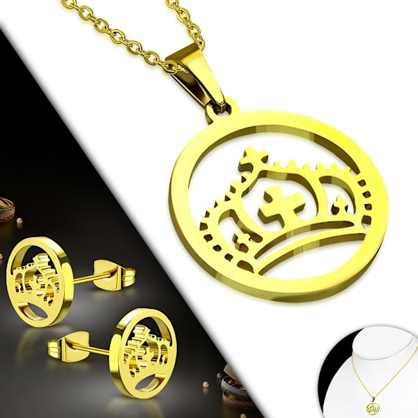 Smyckesset i Rostfritt Stål 316L i Guld Färg - Halsband & Örhängen - Runt Hänge med Krona