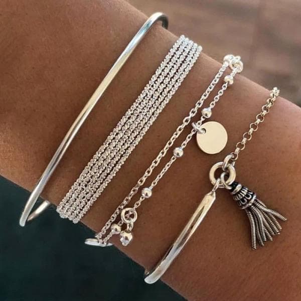 4 st Silver Armband/Bangle med Tvinnade Kedjor, Tofs & Kulor Silver