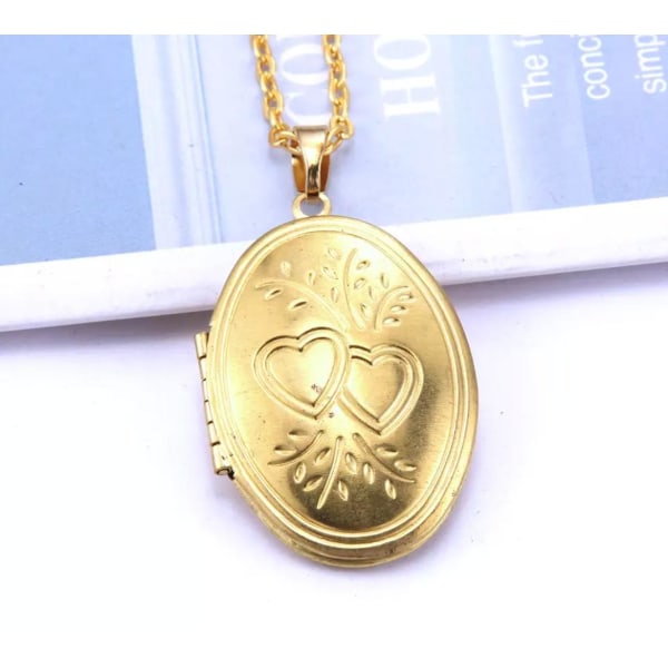 Guld Halsband -Öppningsbar Oval Medaljong Hjärta & Fint Mönster Guld