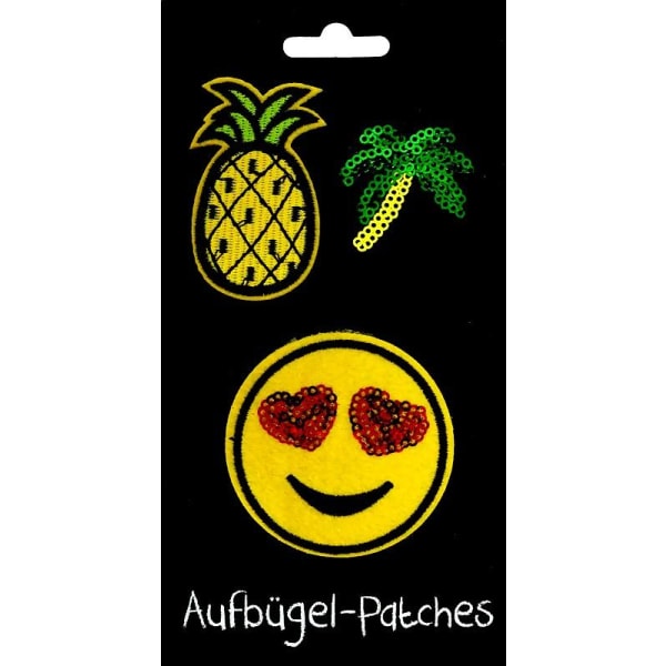 3 st Strykplåster/Tygmärke/Patches: Smiley, Ananas & Palm multifärg