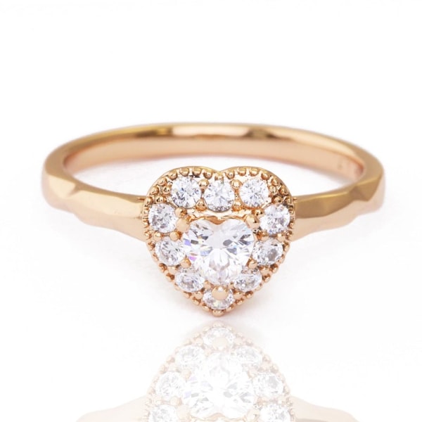 Rosé Guld Ring i Stål med ett Hjärta & Vita Kristaller -Stl 16,5 Rosa guld