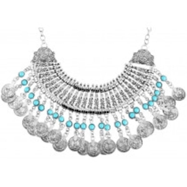 Boho Statement Coin Multilayer Silver Halsband med Turkos Pärlor Silver